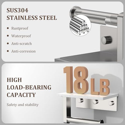 BWE Brushed Nickel Toilet Paper Holder with Marble Shelf Wall Mounted | Toilet Paper Roll Holder with Phone Shelf 304 Stainless Steel Tissue Holder for Bathroom Washroom,Saving Space - color: Brushed Nickel
