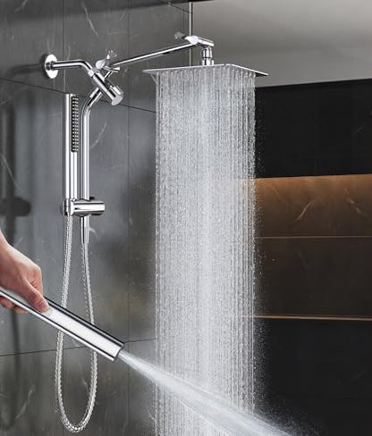 Veken All Metal 8" Luxurious Rain Shower Head with Handheld,High Pressure | Dual Shower Heads Spray,Power Wash Wand,Detachable Showerhead Combo,Small Square Adjustable Rainfall ,Spa-like,Chrome,Silver - color: Chrome, size: 8 Inch