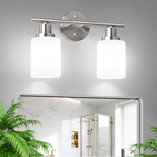 2 Light Bathroom Light Fixtures, Modern Vanity Lights with Milky White Glass Shade, Brushed Nickel Wall Lamp Over Mirror for Bathroom, Living Room, Cabinet, Bedroom, E26 Base - color: Matt Nickel & Milky White Glass, size: 2 Light