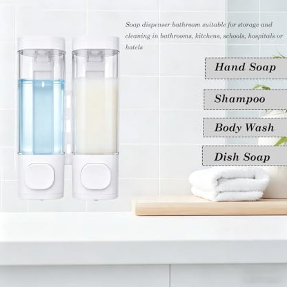 2-Chamber 10oz/300ML White Plastic Hand Wall Mounted Soap Dispensers | Refillable Shampoo Conditioner Shower Dispenser No Drill, Clear Manual Pump Dispenser for Bathroom Hotel Kitchen - color: 2-chamber White