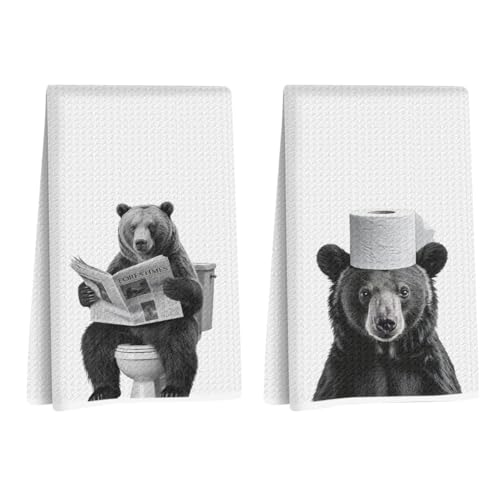 Funny Toilet Newspaper Black Bear Bathroom Hand Towels Gifts for Women Mom | 2Pcs Wild Animal Hand Towels for Bathroom Washroom Restroom, Reusable Waffle Weave Absorbent Towel, Christmas, Party Gifts - color: Humorous Toilet Bear