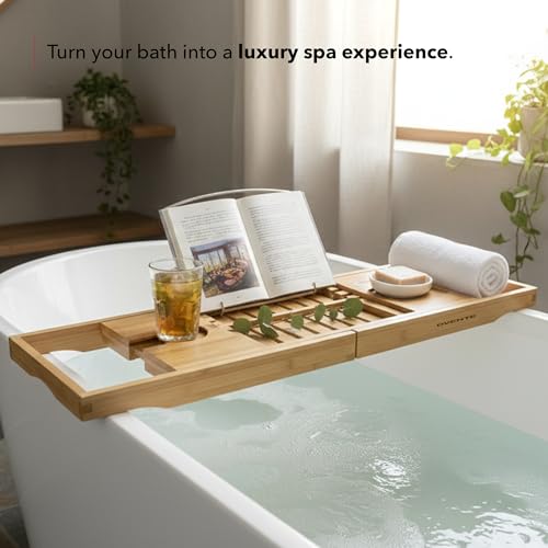 OVENTE Expandable Bamboo Bathtub Tray Caddy, Foldable Bath Tray, BTC20228 | With Book, Tablet, Phone & Wine Glass Holders, Bathroom Accessories & Home Spa Essentials, Easy to Store, Great Gift Idea