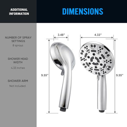 Cobbe 8-Setting Handheld Shower Head, Water-Saving Design, Chrome | Trickle Pause Mode, 5ft Stainless Steel Hose, Brass Swivel Bracket, Tool-Free Installation - color: Chrome