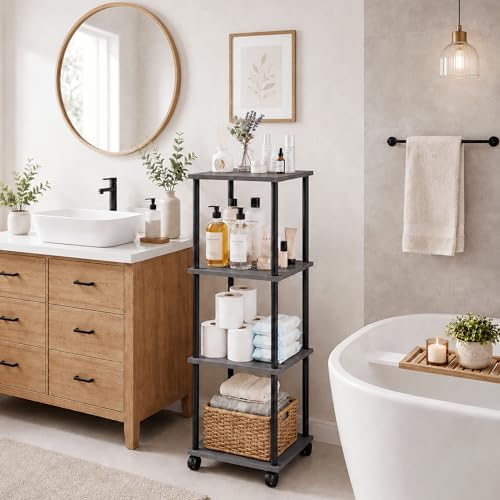 4-Tier 38.2" Tall Oak Grey Bathroom Shelving Unit with Wheels | Wood Finish, Metal Frame, Rolling Narrow Open Shelf Design, for Laundry Room, Kitchen, Living Spaces, Easy to Move - color: Oak Grey, size: 4-Tier