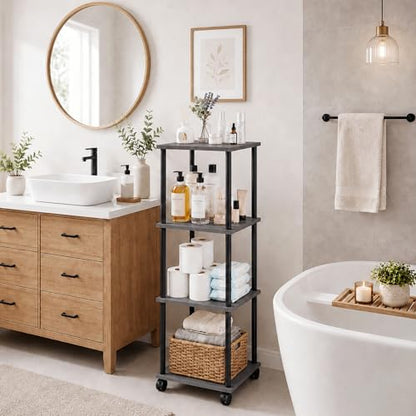 4-Tier 38.2" Tall Oak Grey Bathroom Shelving Unit with Wheels | Wood Finish, Metal Frame, Rolling Narrow Open Shelf Design, for Laundry Room, Kitchen, Living Spaces, Easy to Move - color: Oak Grey, size: 4-Tier