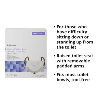 McKesson Raised Toilet Seat with Removable Padded Arms, White, 5 in, 1 ct | Lightweight, Fits Most Standard Toilets