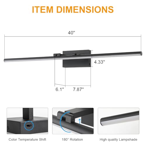 LED Bathroom Vanity Light, Modern Bathroom Light Fixture Over Mirror (3000K/4000K/6000K, Dimmable), Vanity Light Bar with Angle Adjustable, 40 Inch, Black - color: Black, size: 40 inch
