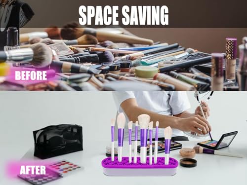 2Pcs Silicone Makeup Brush Holder Stand Purple Make Up Brushes Holder Organizer Makeup Brush Holders for Painting Pen Brushes Nail Clippers Drill Pens Ruler Sewing Craft Tools - color: Purple