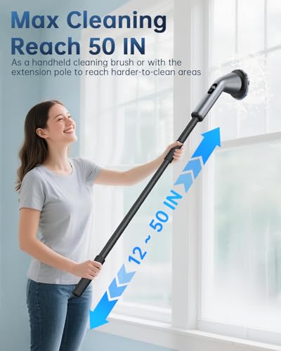 Electric Spin Scrubber, IPX7 Waterproof 2-Speed, Extendable Long Handle Cordless Cleaning Brush with 7 Replacement Brush Heads for Bathroom Shower Bathtub Glass Tub Tile Floor Car