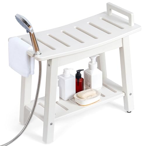 FLyjoe 24 INCH Extra Large Shower Bench for Inside Shower Shaving Legs, Waterproof HDPE Shower Chair Seat with Storage Shelf and Handles Spa Shower Stool for Bath Tub Bathroom Use, White - color: Large-white