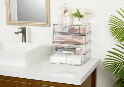 Vtopmart 12.1''W Clear Stackable Storage Drawers,3 Pack Acrylic Plastic Organizers Bins for Makeup Palettes, Cosmetics, and Beauty Supplies,Ideal for Vanity, Bathroom,Cabinet,Desk Organization | Clear Pull-Out Plastic Drawers, Stackable Design for Makeup