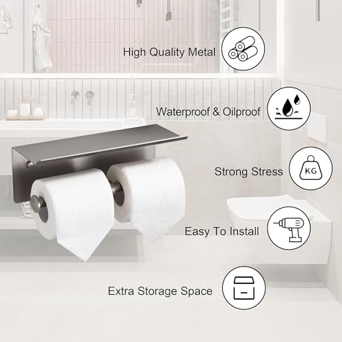 Brushed Nickel Toilet Paper Roll Holder with Shelf Wall Mounted for Bathroom (Brushed Nickel, Double Head) - color: Brushed Nickel
