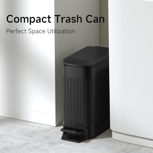TIPGO Slim Bathroom Trash Can with Lid Soft Close, Step Pedal, 6 Liter / 1.6 Gallon Stainless Steel Trash Bin, Small Garbage Cans for Bedroom, Office, Kitchen (Black) - color: Black