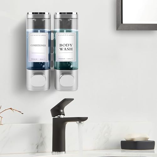 Shampoo and Conditioner Dispenser, 2 Chamber 300ml, Wall Mounted, Sliver | Shower Soap Dispenser, Refillable Hand Soap Dispensers, Body Wash Dispenser for Bathroom, Kitchen, Hotel, Home - color: Silver, size: 2 Chamber