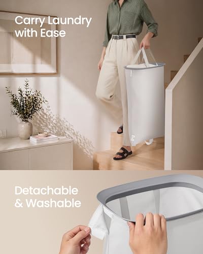 SONGMICS Laundry Basket with Lid, 42.2 Gallons, 2-Compartment Laundry Hamper with Handle, Removable Liner, Easy Assembly, 22 x 15.7 x 27.5 Inches, Dove Gray ULCB822G101 - color: Dove Gray