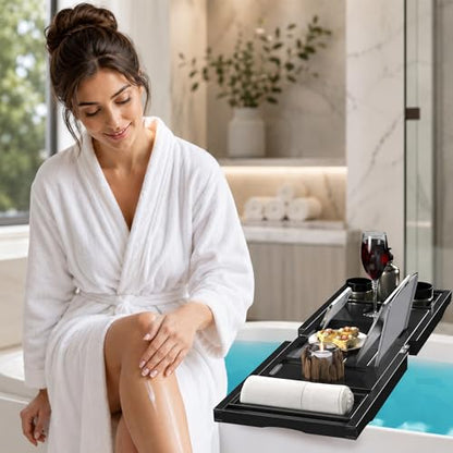 Artmeer Bamboo Bathtub Tray Caddy, Expandable Bath Table for Tub, Bathroom Organizer with Cup Holder, Book Stand and Extending Sides, Black