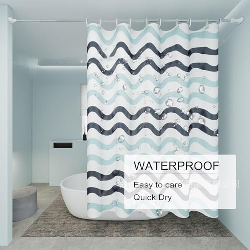 TIKABC Shower Curtain Liner, 4G PEVA Shower Liner, Plastic Waterproof Shower Curtains, 72x72 inch with Grommet Holes 3 Magnetic Weights - color: Black Blue Big Waves
