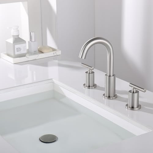 ChiLDano Widespread Bathroom Faucet 3 Hole with Sink Drain and Supply Hose | Brushed Nickel 3 Hole Faucet for Bathroom Sink, Satin Nickel 2 Handle 3 Pieces Bathroom Vanity Faucet - color: Brushed Nickel