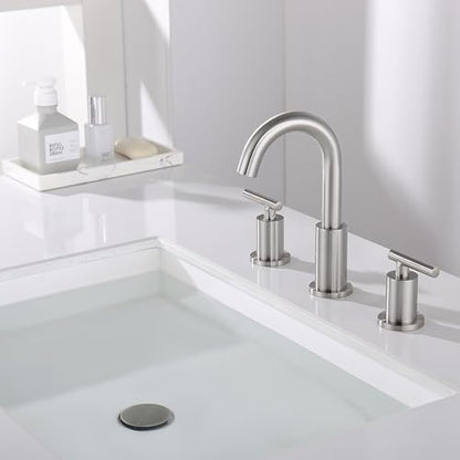 ChiLDano Widespread Bathroom Faucet 3 Hole with Sink Drain and Supply Hose | Brushed Nickel 3 Hole Faucet for Bathroom Sink, Satin Nickel 2 Handle 3 Pieces Bathroom Vanity Faucet - color: Brushed Nickel