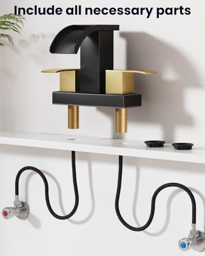 gotonovo Waterfall 4’’ Centerset Bathroom Sink Faucet Black&Brushed Gold | 2 Handle Bathroom Faucet,SUS304,2 or 3 Hole,2.17’’ Wide Spout,24’’ cUPC Water Line,Pop Up Drain,Vanity,RV,Lavatory Modern Tap - color: Black&Gold