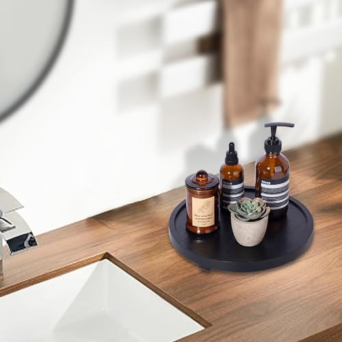 Round Decorative Tray Wood Bathroom Counter Organizer Farmhouse Kitchen Decor Wooden Riser for Soap Dish, Perfume, Candle, Sponge, 10" - Black | Waterproof, Lightweight, Easy Clean, Wood Riser Pedestal Stand Accessories for Office Desk, Vanity, Counter, S