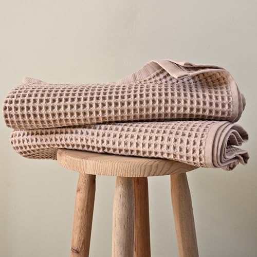 PÜSKÜL Pack of 2 Waffle Bath & Spa Towels - Premium 100% Turkish Organic Cotton - Quick Dry Thin Bath Towel for Bathroom - Made in Turkey (Beige, 32x63 inch) - color: Beige, size: Bath Towels - Pack of 2