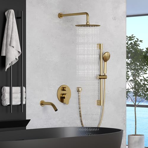 MONDAWE 9 Inch Wall Mounted Shower Faucet Set with Tub Spout in Brushed Gold, Rainfall Shower Head with 3-Setting Handheld Spray Shower Combo, High Pressure Shower System with Solid Brass Valve - color: Brushed Gold, style: 9 IN - With Tub Spout