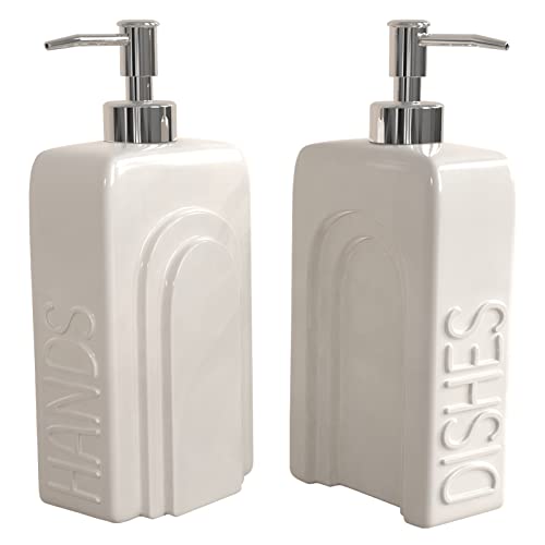 Soap Dispenser Set with Stainless Steel Pump, 2 Pack Ceramic Refillable Dish Soap and Hand Soap Dispenser for Kitchen, Bathroom, Matte White - color: White