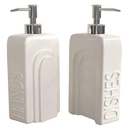 Soap Dispenser Set with Stainless Steel Pump, 2 Pack Ceramic Refillable Dish Soap and Hand Soap Dispenser for Kitchen, Bathroom, Matte White - color: White