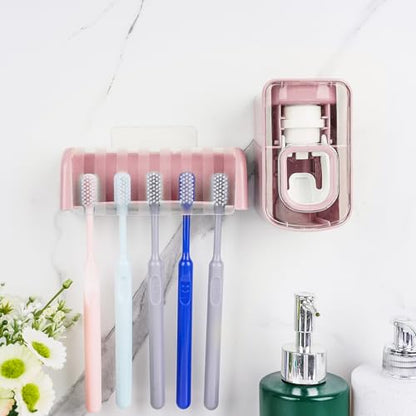 5 Slots Wall Mount Toothbrush Holder with Cover, Self Adhesive Toothbrush Storage Organizer for Shower, Toothbrush Hanger with Automatic Toothpaste Squeezer Dispenser (Pink) - color: Pink Combination