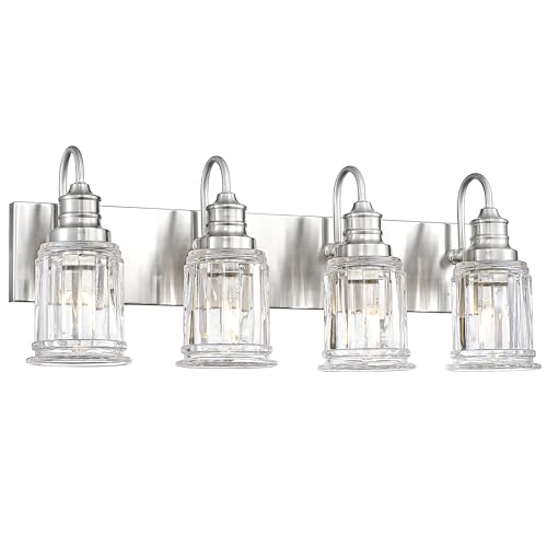 Brushed Nickel Bathroom Light, HWH 4-Light Vanity Lights for Bathroom Vanity Sconce Over Mirror, Wall Mounted Light Fixtures with Bell-Shaped Striped Glass, 5HZG106B-4W BN - color: Brushed Nickel, size: 4-Light