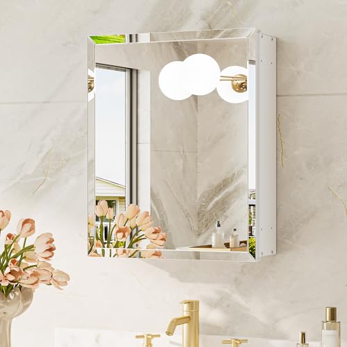 TokeShimi 14 x 18 Recessed Medicine Cabinet with Mirror, Assembly Required, White Medicine Cabinet for Bathroom, Tempered Beveled Mirror, Stepless Adjustable Shelves, DTC Hinge - color: White, size: 14x18 in