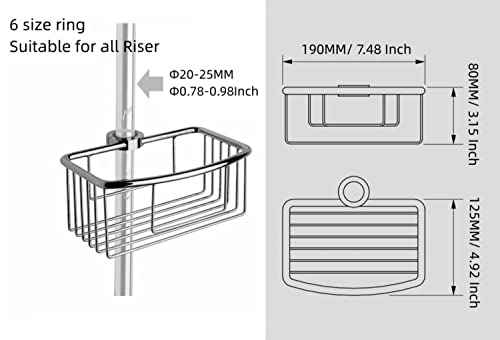 Shower Pole Caddy for Shower-6 Size Riser Ring NO Drilling Tension Shower Caddy Basket for Bathroom-SUS 304 Chrome Shower Caddy Pole with Luxury Standard