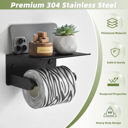 Toilet Paper Holder with Phone Shelf, APLusee SUS 304 Stainless Steel Bathroom Tissue Holder, Wall Mounted Roll Paper Dispenser, Matte Black - color: Matte Black, size: Single Rod