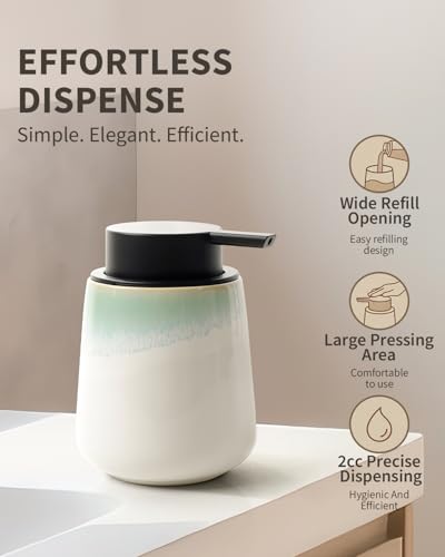 Bosilunlife 12Oz Ceramic Foam Soap Dispenser for Bathroom Kitchen Counter | Premium countertop foam pump creates delicate dense foam, stable desktop placement, Blue-Green Rim - color: Blue-green Rim