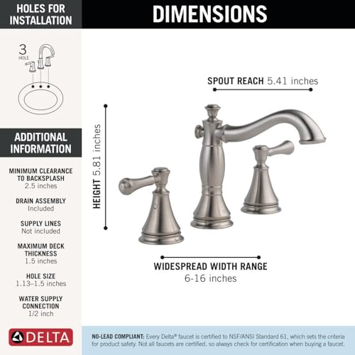 Delta Cassidy Brushed Nickel Bathroom Faucet 3 Hole, 8 Inch Widespread Bathroom Sink Faucet for Vanity, Metal Push-Pop Drain Assembly, Stainless 3597LF-SSMPU - color: Stainless