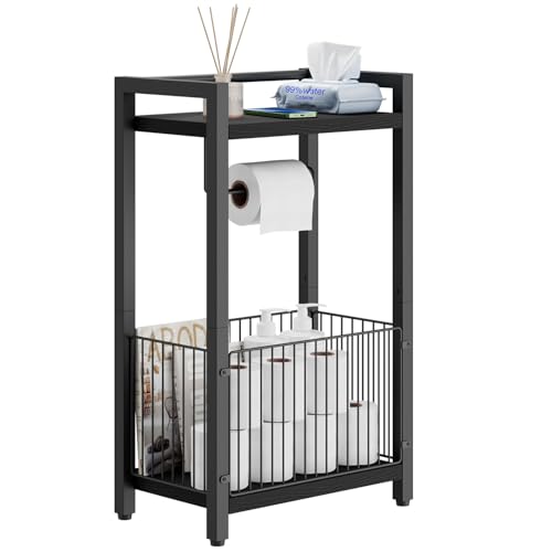 IBUYKE Toilet Paper Holder Stand Bathroom Tissue Roll Dispenser TLJ020B | Freestanding,with Extra Space for Rolls Magazines Wet Wipes, for 7–9 rolls of standard toilet paper,Black - color: Black