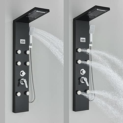 LED Light Shower Panel Tower Rainfall Waterfall Shower Head with Massager Jets Body System Jet Black B (Color : Black A) - color: Black a