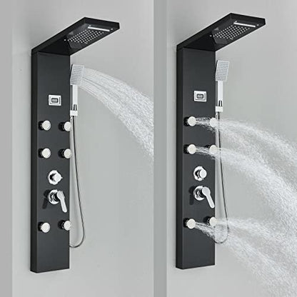 LED Light Shower Panel Tower Rainfall Waterfall Shower Head with Massager Jets Body System Jet Black B (Color : Black A) - color: Black a