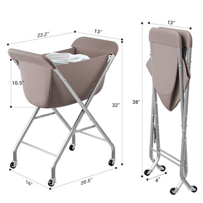 ELYKEN Laundry Basket with Wheels, Collapsible Laundry Hamper, Camel Brown | Removable Liner Bag, Foldable Design, Sturdy Metal Frame, 4 Casters, 32”H Laundry Cart for Bedroom, Bathroom & Laundry Room - color: Camel Brown, size: 23.2"L x 13"W x 32"H
