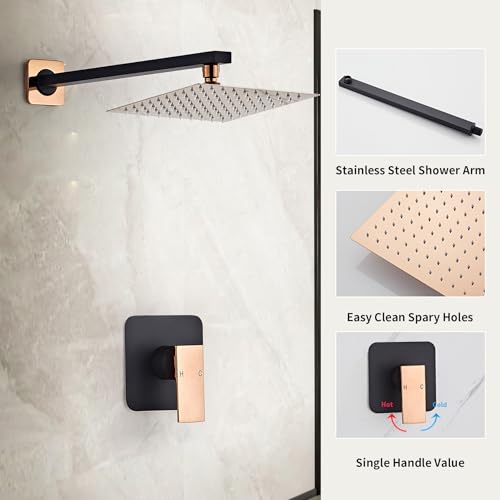 Shower Faucet Set Bathroom Matte Black and Rose Gold Rainfall Shower System Wall Mount with 8 Inch Square Shower Head, Single Function Shower Trim Kit with Rough-in Valve - color: Matte Black+Rose Gold, style: 8 Inch without Handheld Sprayer