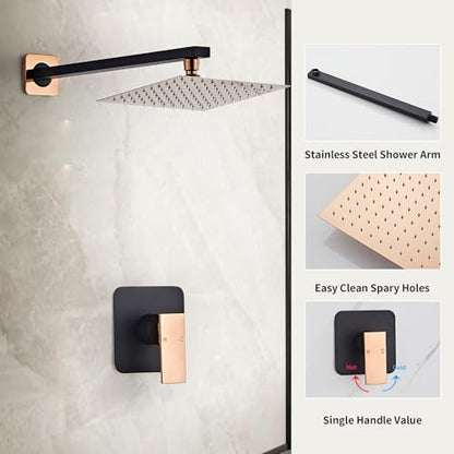 Shower Faucet Set Bathroom Matte Black and Rose Gold Rainfall Shower System Wall Mount with 8 Inch Square Shower Head, Single Function Shower Trim Kit with Rough-in Valve - color: Matte Black+Rose Gold, style: 8 Inch without Handheld Sprayer