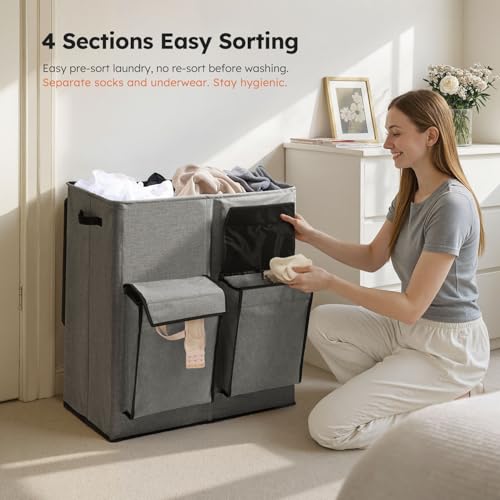 SOLEDI 180L Double Laundry Hamper with Lid and 2 Side Pockets, Dual Hamper | 2 Section Laundry Basket, Removable & Washable Laundry Bags, 180L Large Capacity, for Bedroom, Bathroom, Laundry Room, Dorm - color: Grey