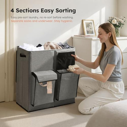 SOLEDI 180L Double Laundry Hamper with Lid and 2 Side Pockets, Dual Hamper | 2 Section Laundry Basket, Removable & Washable Laundry Bags, 180L Large Capacity, for Bedroom, Bathroom, Laundry Room, Dorm - color: Grey