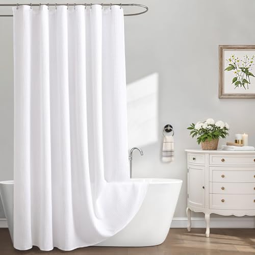 Extra Long Waffle Shower Curtain Heavyweight Cotton Fabric White 72Wx84L | Soft Cotton Cloth,3D Square Truely Waffle Washable, Hotel Luxury Spa, Shower Curtain Set for Bathroom 12 Plastic Hooks - color: White, size: Extra Long 72"W x 84"L