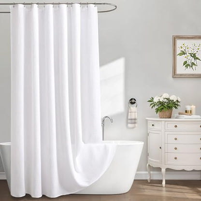 Extra Long Waffle Shower Curtain Heavyweight Cotton Fabric White 72Wx96L | Soft Cotton Cloth,3D Square Truely Waffle,Washable, Hotel Luxury Spa, Shower Curtains for Narrow Bathroom 12 Plastic Hooks - color: White, size: Extra Long 72"W x 96"L