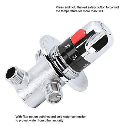 Brass Thermostatic Mixer Valve, Temperature Control Shower Valve, Wall Mounted Bath Mixer with Safety Button and Dual Filter Nets, for Home Water Heater and Shower System