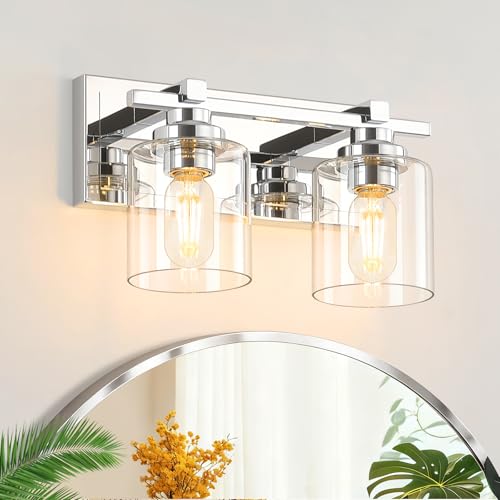Modern Bathroom Light Fixtures Over Mirror, Vanity Lights for Bathroom Wall Sconces with Clear Glass Shades, E26 Socket (Bulbs Not Included), 2 Light, Chrome - color: Chrome - Clear Glass Shades, size: 2-Lights