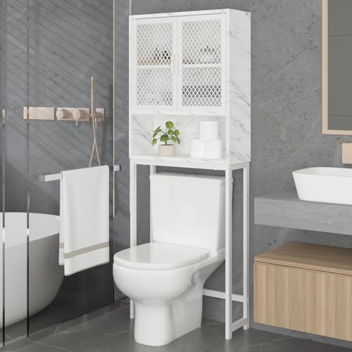 Launica Over the Toilet Storage Cabinet, Over Toilet Bathroom Organizer with Mesh Doors and Shelves, Freestanding Bathroom Storage Cabinet Above Toilet, Wood and Marble, White Marble - color: White Marble