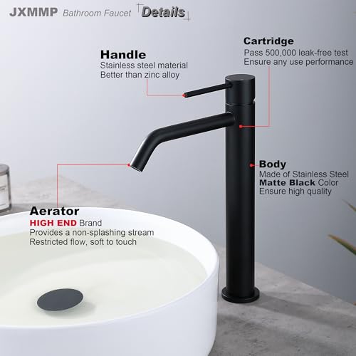 Black Vessel Sink Faucet with Drain Assembly and cUPC Supply Lines, JXMMP Stainless Steel Matte Black Faucets for Bathroom Sink, Tall Bathroom Faucet JXM1001BK - color: Black, size: Tall Faucet